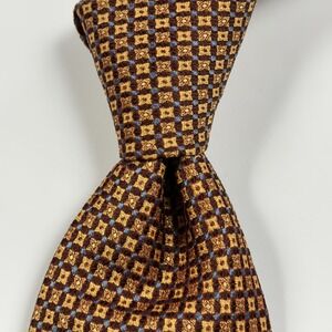 Paul Stuart 100% Silk‎ Tie Mens Brown Gold Geometric Woven Classic Necktie Dress